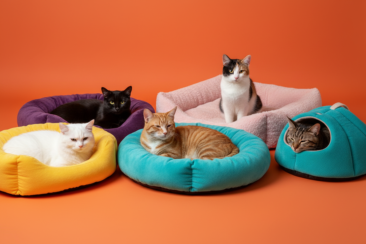 Vibrant colourful photo image of cats sat in cat beds with a plain orange background